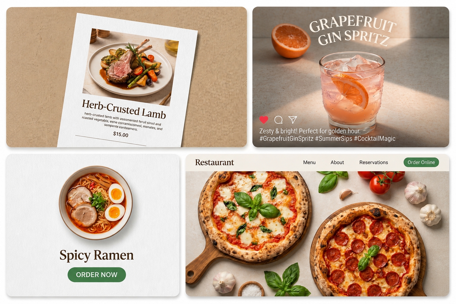 Examples of polished restaurant content for a menu, social post, ordering page, and website