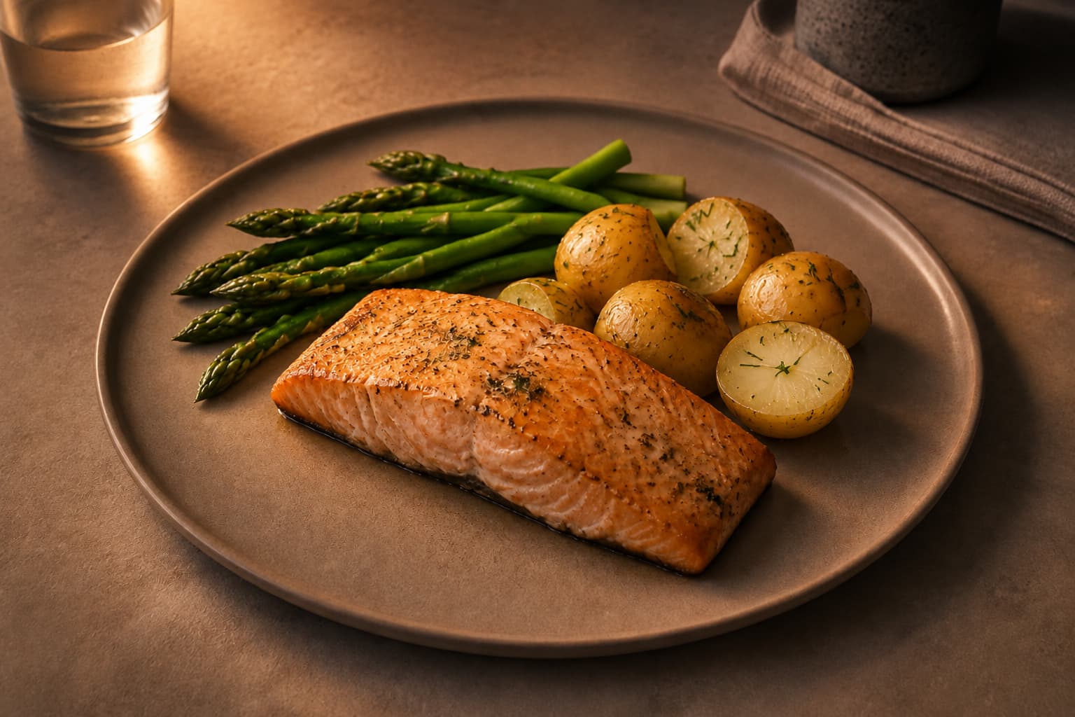 The same salmon dinner with warm cinematic lighting