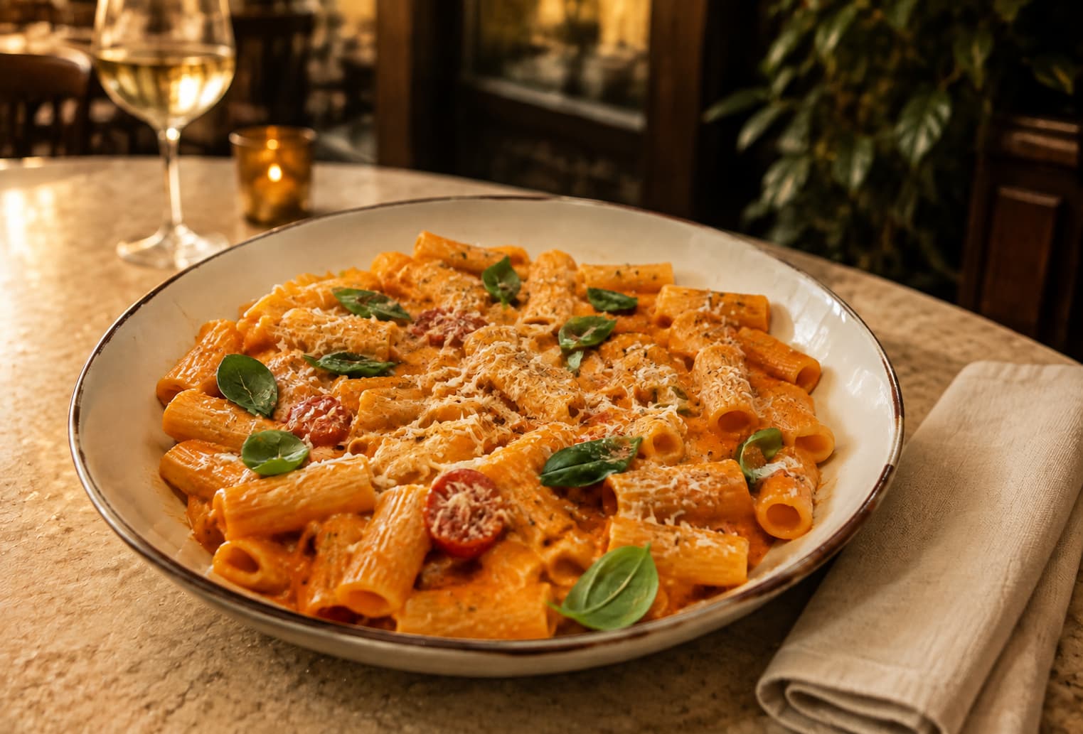 The same rigatoni alla vodka in an elegant Italian restaurant setting