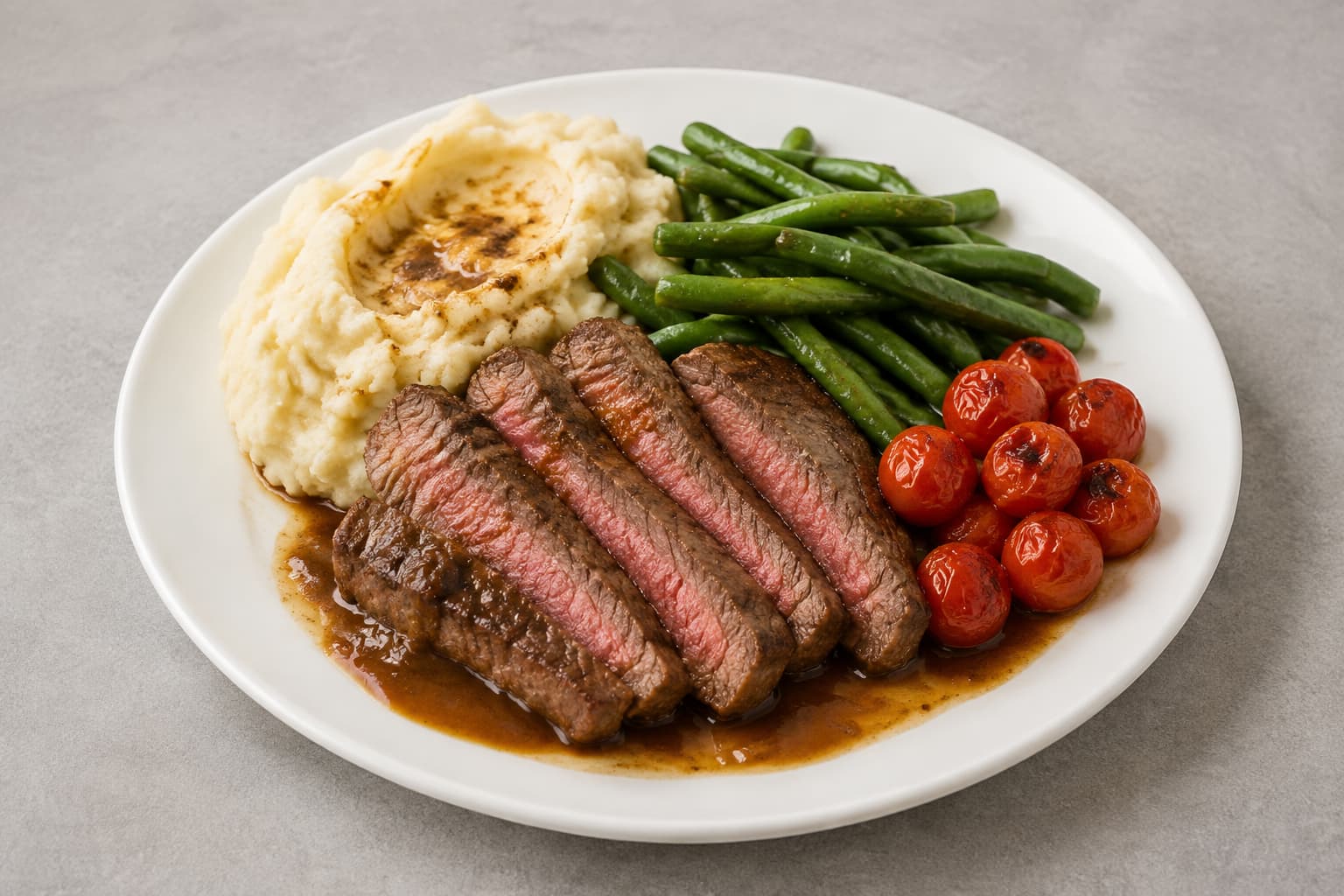Steak, mashed potatoes, green beans, and tomatoes crowded on a white plate