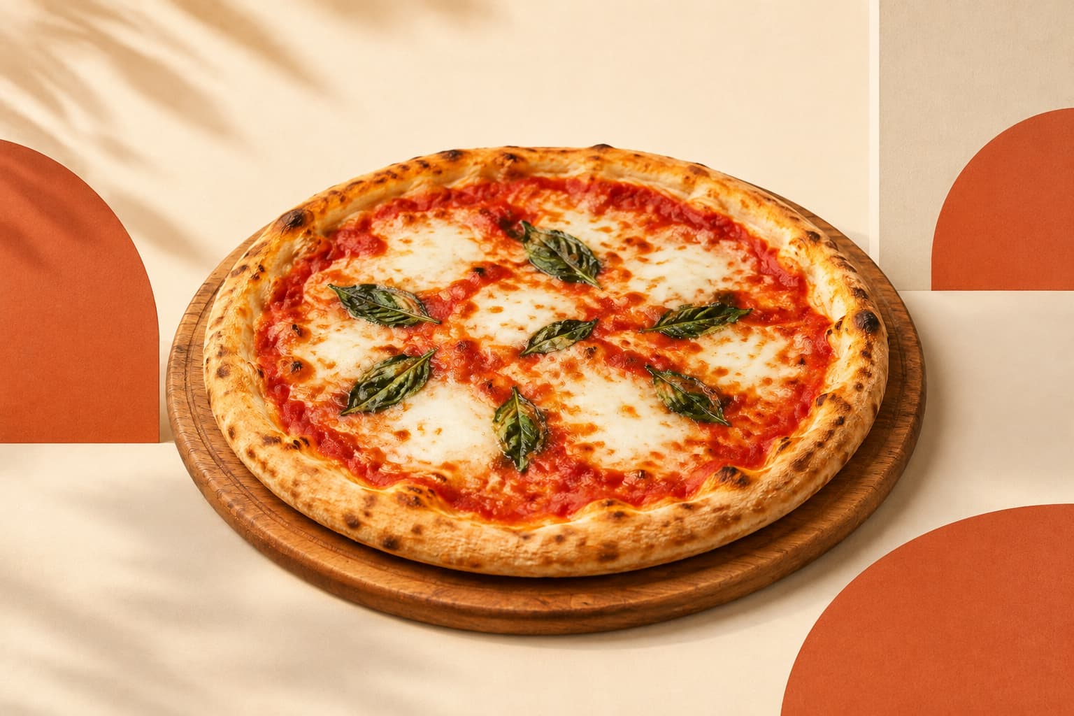 The same pizza in a polished orange marketing layout