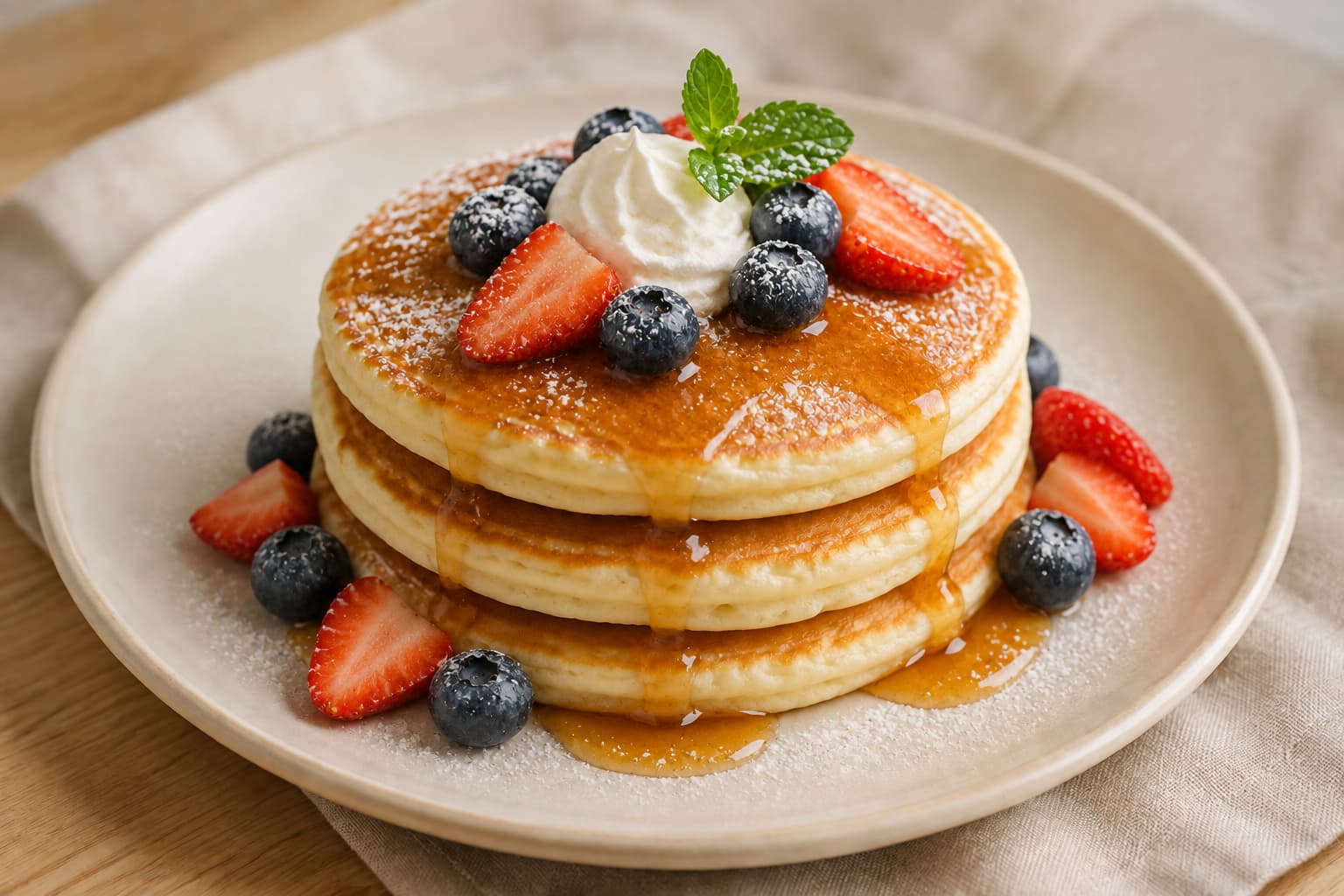 The same pancakes with syrup, berries, cream, and mint added