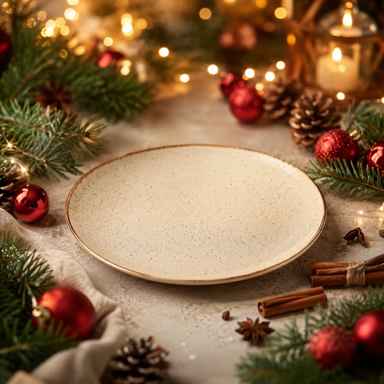 Empty plate surrounded by Christmas decorations and warm lights