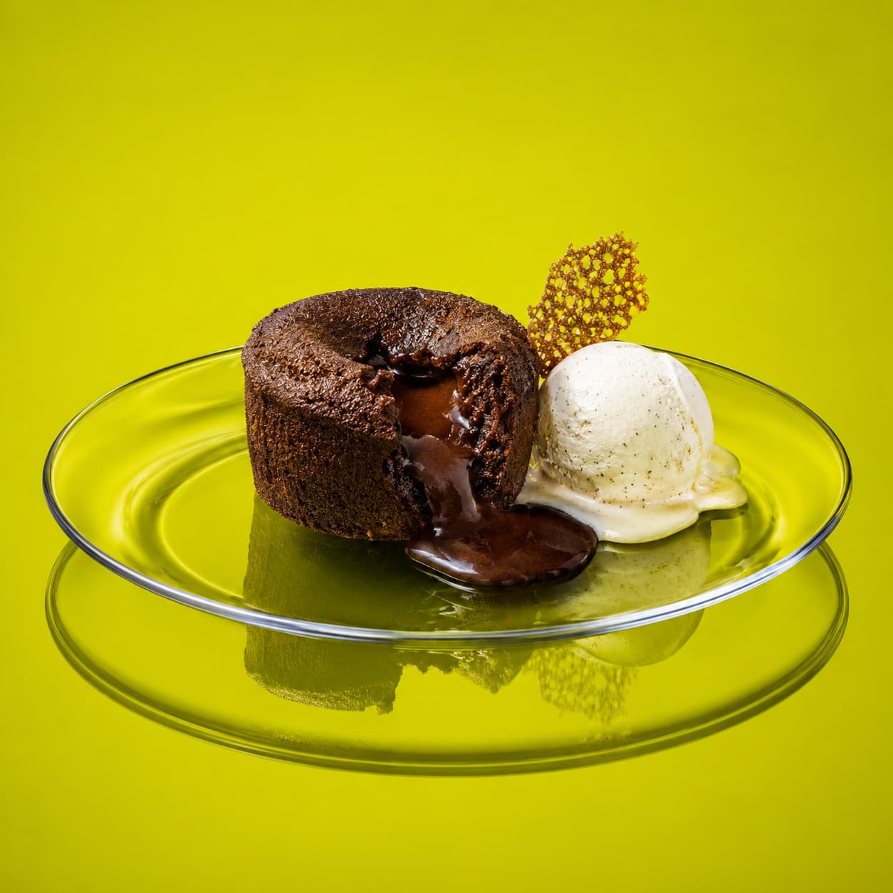 Chocolate fondant and ice cream presented on glowing glass